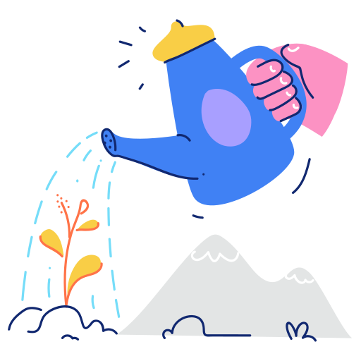 Une main qui arrose une jeune pousse proche d'une montagne